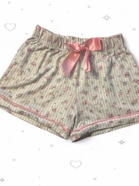 Sleep On It Girls Blue White Striped Floral Pajama Shorts Pink Bow M 10/12